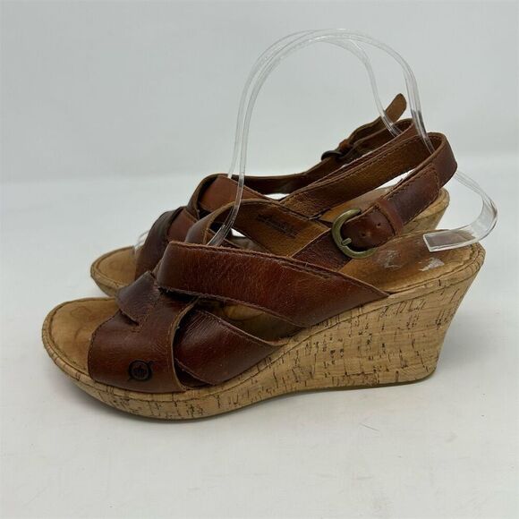 Born Women's Chestnut Brown Leather Slingback Wedge Sandals Size 9 Comfort - Picture 6 of 14